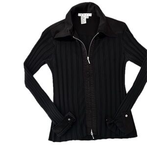 preloved Cabi designer long sleeve ribbed shirt with silk collar and zipper